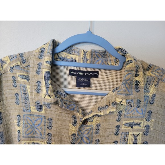 Exofficio Men's Button Up Short Sleeve Breathable Shirt Tan/Yellow/Blue Size M - Picture 2 of 6